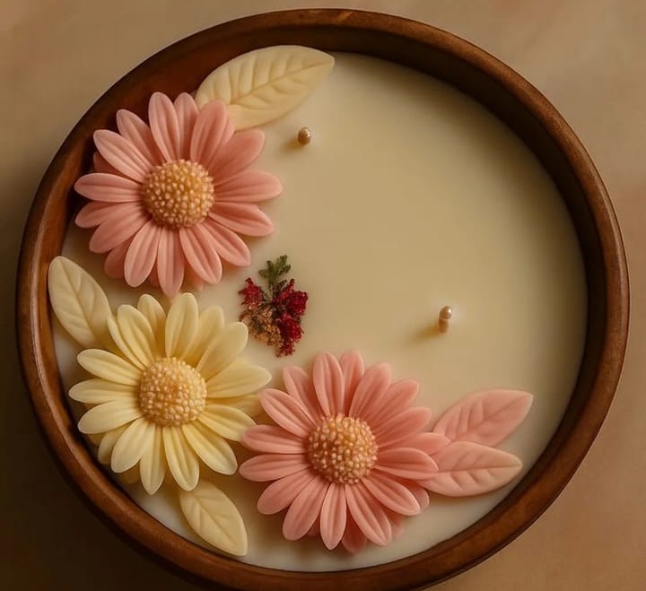 Decorative botanical candle in a wooden bowl with wax flowers