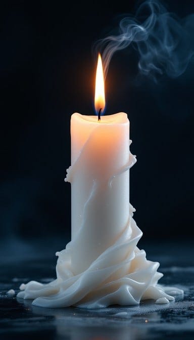 Lit sculptural cream candle with flowing draped wax design